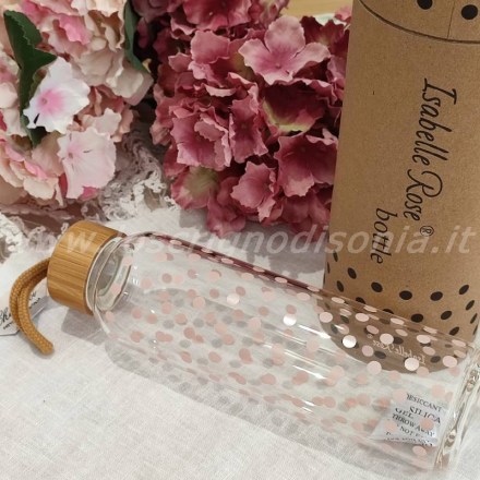 Bottiglia in vetro borosilicato, decorata con pois rosa, firmata Isabelle Rose. Vista dall'alto