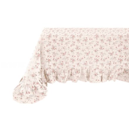 Tovaglia rotonda con volant e decoro floreale della serie Garden di Lovely Shabby. Vista ambientata
