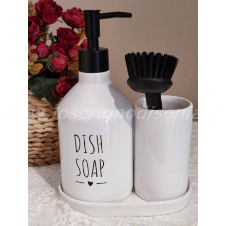 Dosa sapone per piatti con spazzola, bicchiere e piattino, serie My Home di Nuvole di Stoffa. Vista frontale