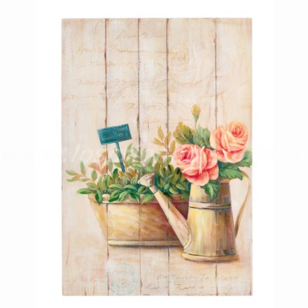 Quadro su legno con annaffiatoio dipinto, stile country chic, serie Annette di Nuvole di Stoffa. Vista frontale