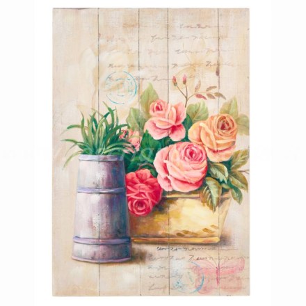 Quadro su legno con rose dipinte, stile country chic, serie Annette di Nuvole di Stoffa. Vista frontale