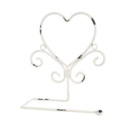 Portarotolo carta igienica shabby chic di Nuvole di Stoffa, in metallo, bianco, a forma di cuore. Vista frontale