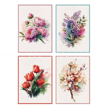Set da quattro canovacci da cucina in cotone, decoro con fiori, firmati S&G Home. Vista dall'alto