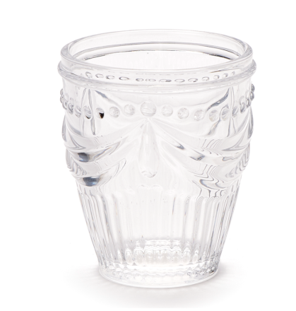 Set bicchieri acqua in vetro decorato con lavorazione a sbalzo, firmati Nuvole di Stoffa. Vista frontale
