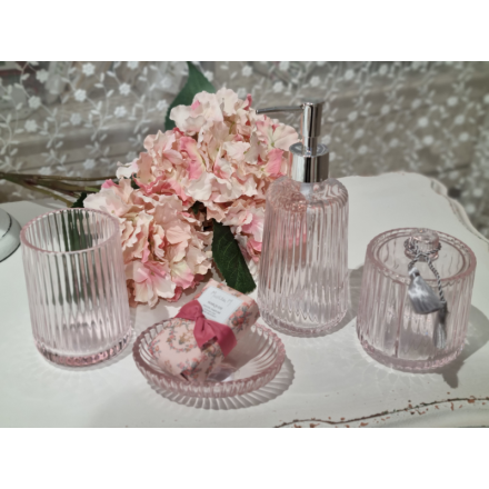 Portasapone shabby in vetro rigato, colore rosa, serie Côtelé di Mathilde M. Vista frontale