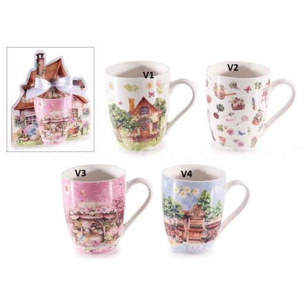 Mug tazza in stile shabby chic, in porcellana, con decoro primaverile. Vista frontale delle 4 varianti
