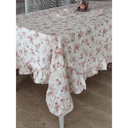 Tovaglia rotonda con volant e decoro floreale della serie Garden di Lovely Shabby. Vista ambientata