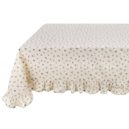 Tovaglia shabby chic, serie Floret Full di Blanc Mariclò, colore celeste, misura 170x310 cm. Vista laterale