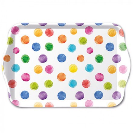 Vassoietto bianco con decoro a pois colorati, serie Polka Dots di Ambiente Europe. Vista dall'alto