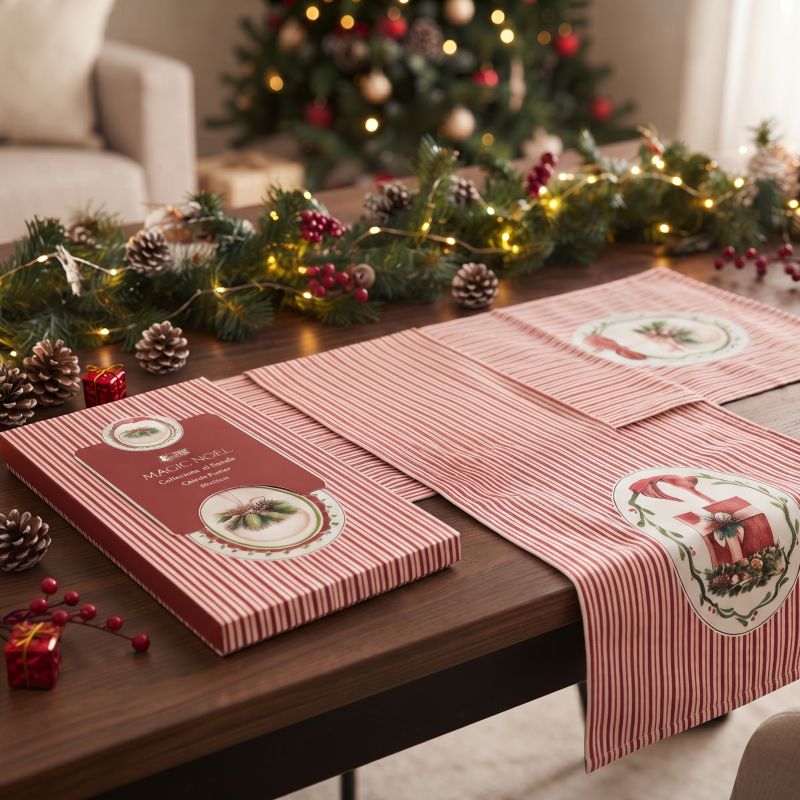 Runner in Cotone 50x150 cm Righe Rosse Serie Magic Noel con Scatola Regalo Nuvole di Stoffa