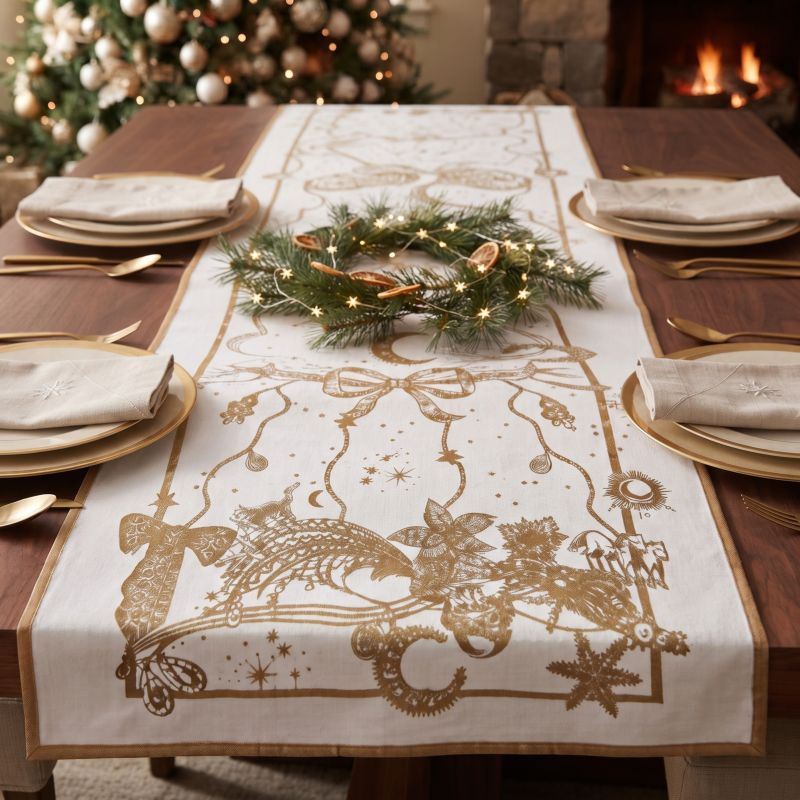 Runner da Tavola Natalizio 45x140 cm Cotone Stampa Dorata Serie La Fable Dorè Blanc Mariclò