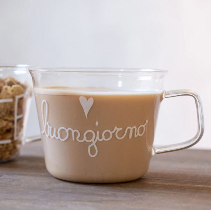 Oggettistica Shabby | Set Due Tazze | Tazze Latte Cappuccino | in Vetro  Borosilicato | Scritta Buongiorno