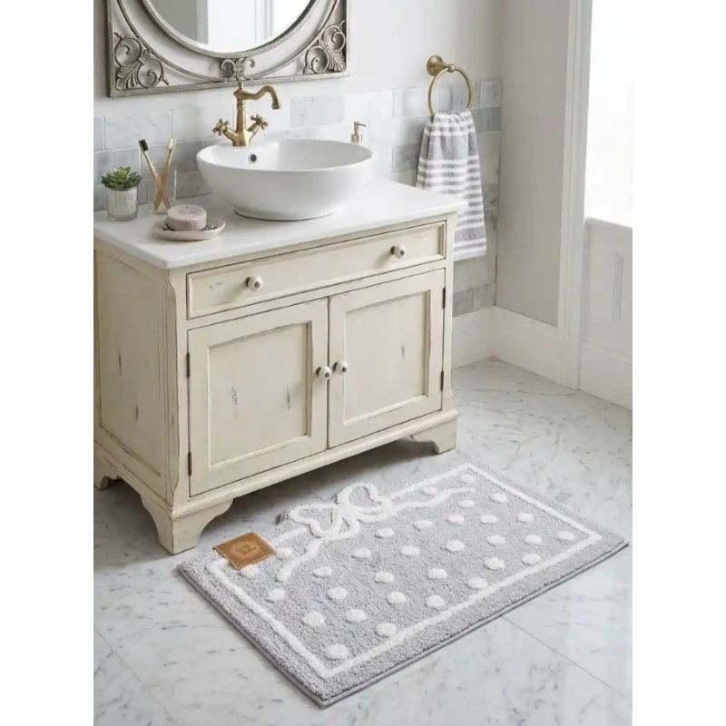 Tappeto 50x80 cm Antiscivolo Fiocco e Pois in Rilievo Serie Amour Grigio Lovely Shabby