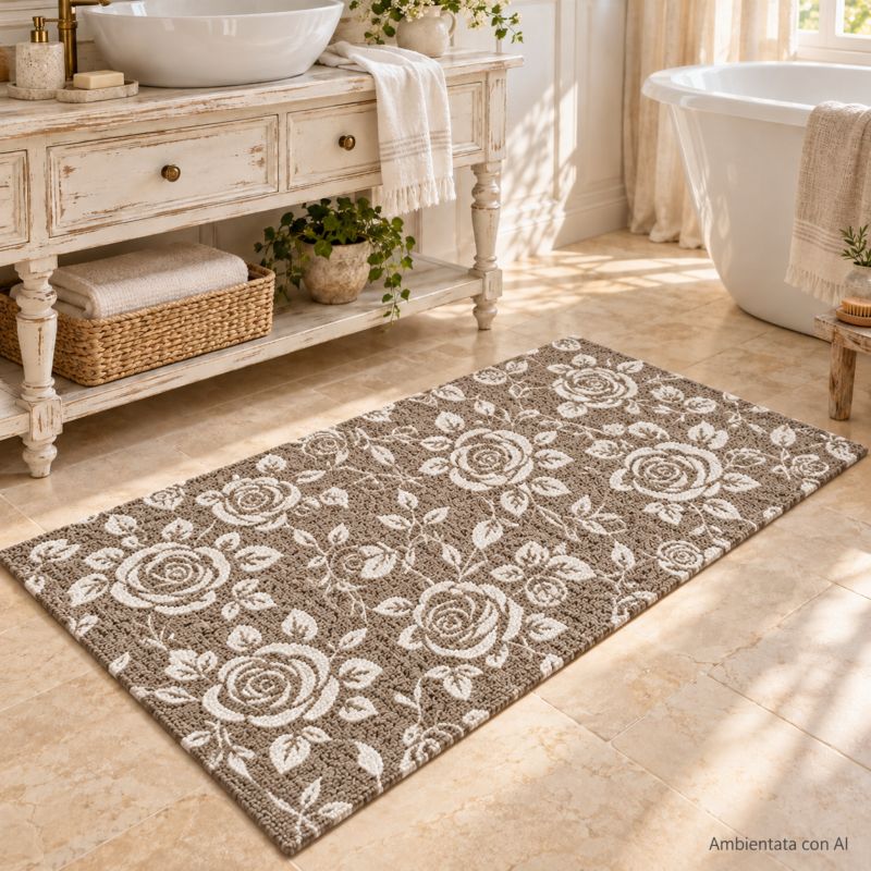 Tappeto Bagno Roses Tortora in Cotone Antiscivolo Lovely Shabby 55x110 cm