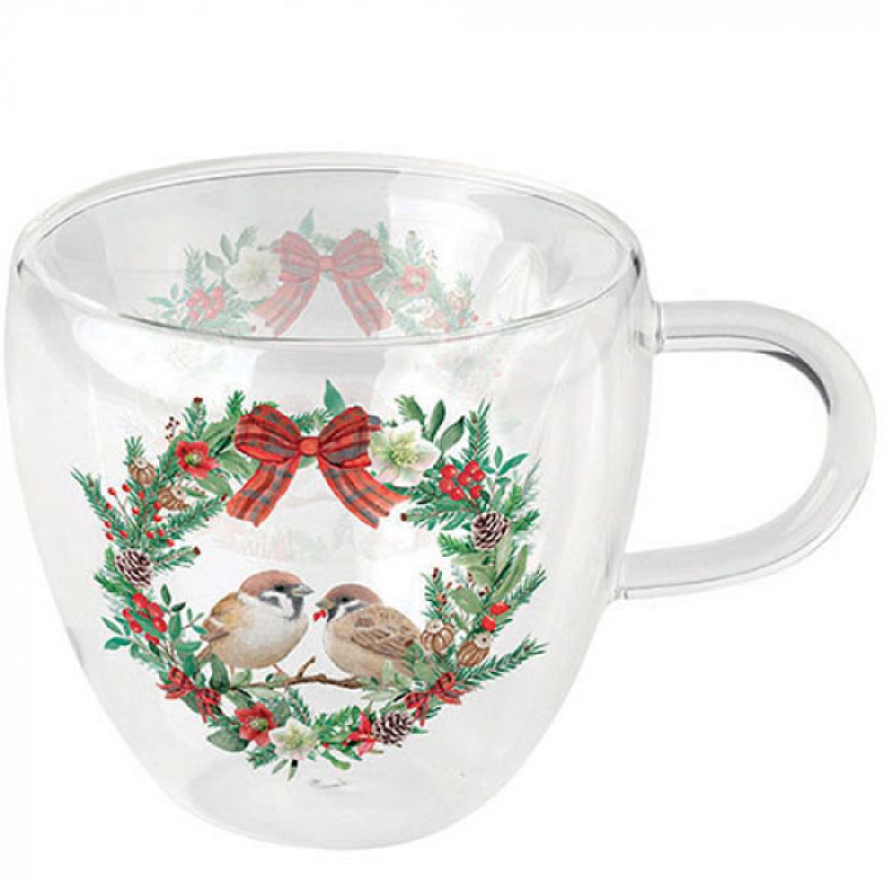 Tazza Doppio Vetro con Interno a Cuore 210 ml Ambiente Sparrows in Wreath