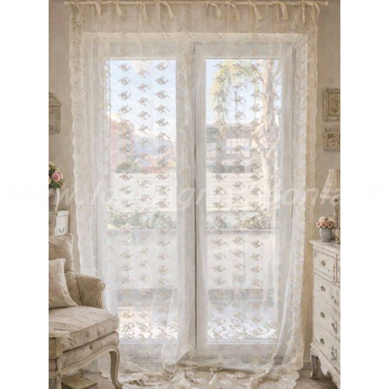 Tenda Corta Bistrò In Pizzo Ricamo Plauen - Bianco 120x90 Cm - Accorciabile In Larghezza - Voile Semitrasparente