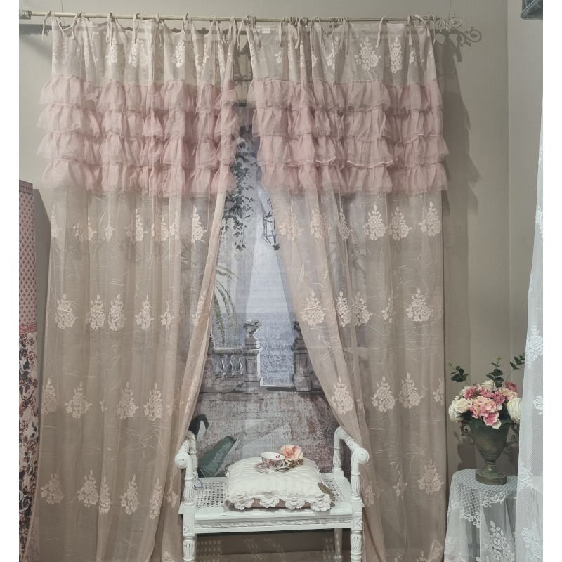 Tenda in pizzo e tulle, decoro floreale, stile shabby chic, colore malva, serie Andromeda. Vista frontale