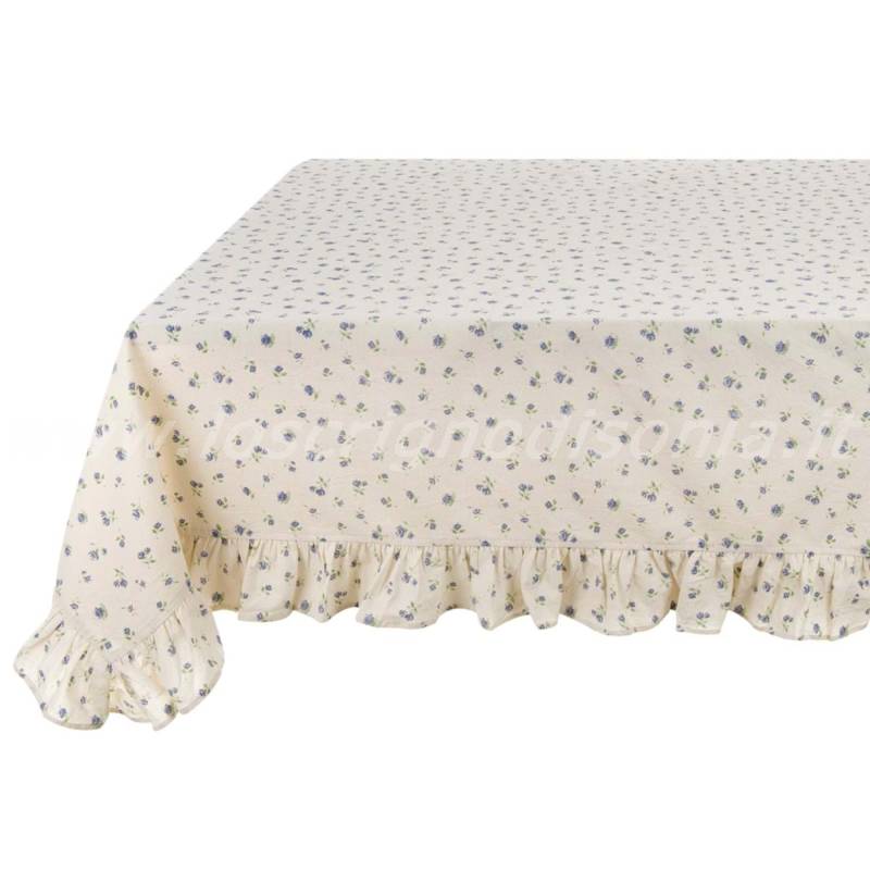 Tovaglia shabby chic, serie Floret Full di Blanc Mariclò, colore celeste, misura 170x310 cm. Vista laterale