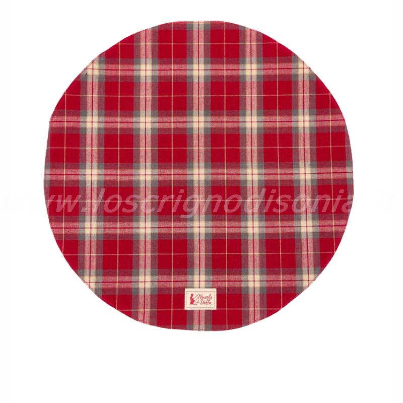 Tovaglietta sottopiatto rotonda della serie Bonnie di Nuvole di Stoffa. Variante tartan rosso. Vista dall'alto