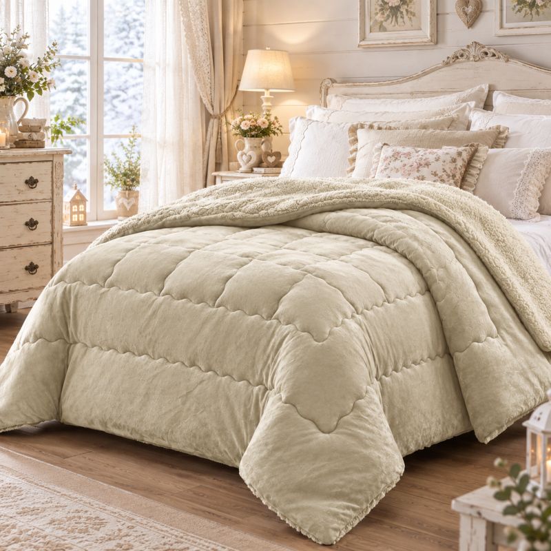 Trapunta Matrimoniale Invernale in Velluto e Interno Sherpa 560 Gsm Colore Crema
