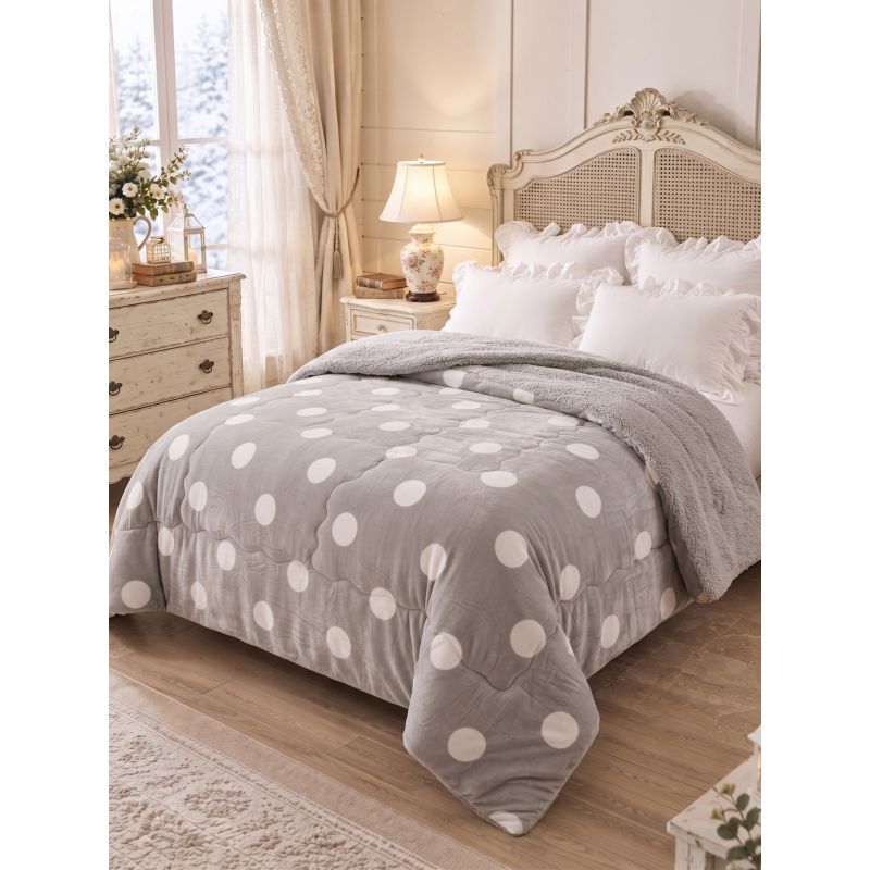 Trapunta Matrimoniale Invernale in Velluto con Pois e Interno Sherpa 260x260 cm Grigio e Bianco