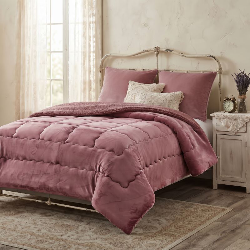 Trapunta Matrimoniale Invernale in Velluto e Interno Sherpa 560 Gsm Colore Rosa