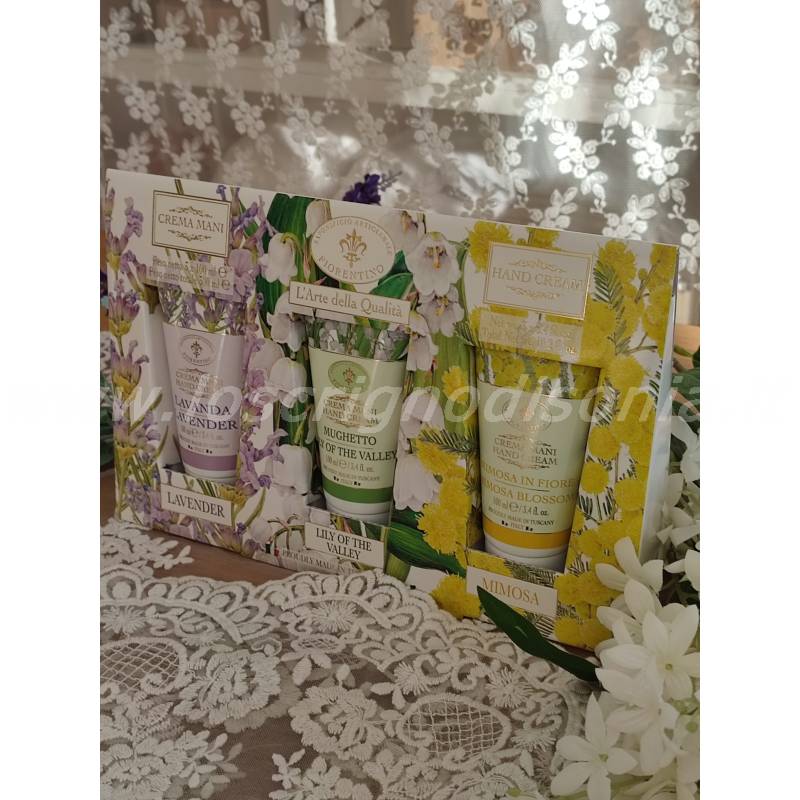 Set di Tre Creme Mani 100 ml – Lavanda, Mimosa e Mughetto in Confezione Regalo – Made in Italy