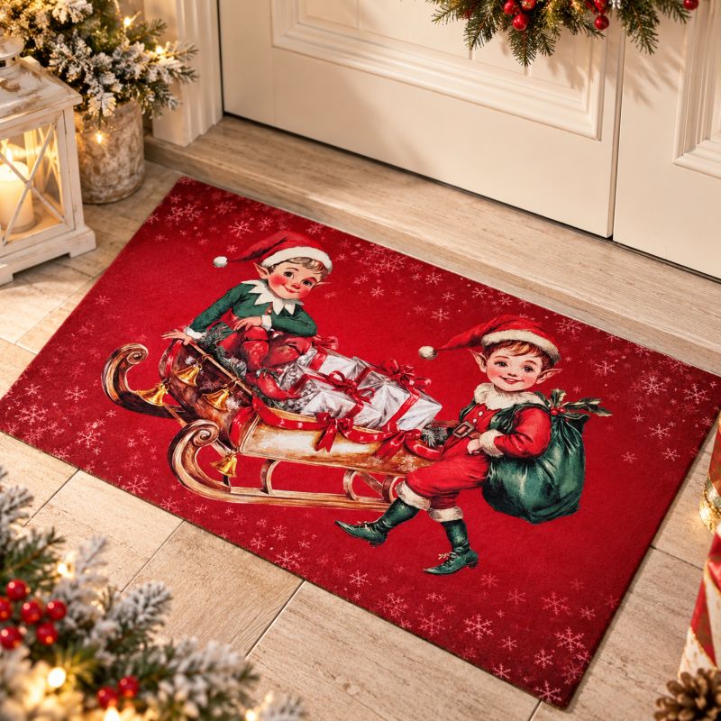 Tappeto Zerbino Natalizio Rosso Elfi e Slitta Vintage 45x75 cm