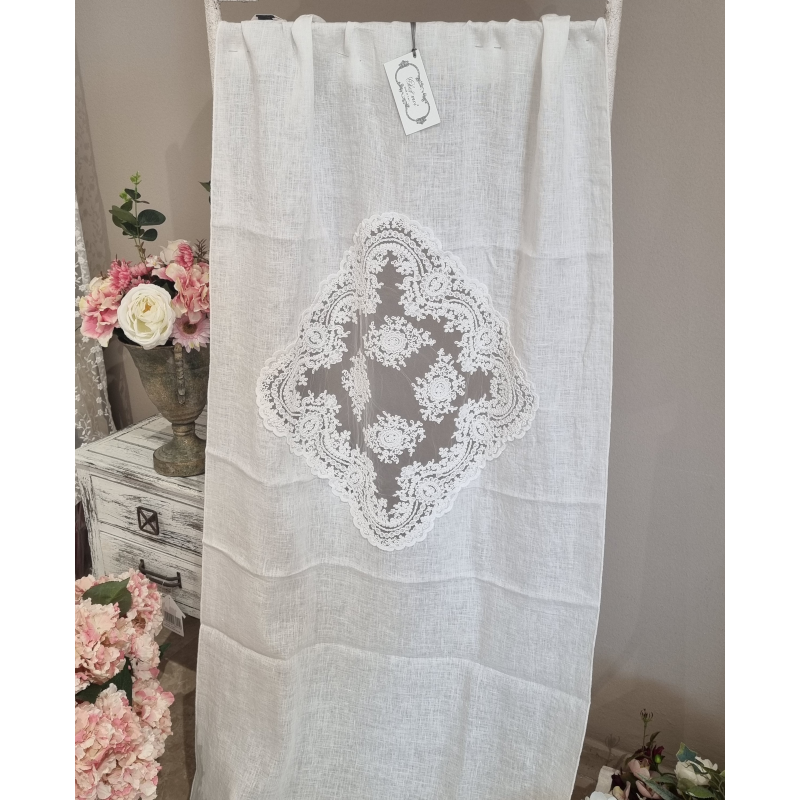Tende In Pizzo Geometrico LINENZONE – Giselle, 137x213 Cm, Con Fondo Smerlato, Bianco, 2 Pannelli, Stile Vintage E Lussuoso